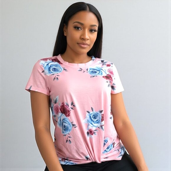 Pink Floral Shirt With Knot Top - Picture 1 of 8